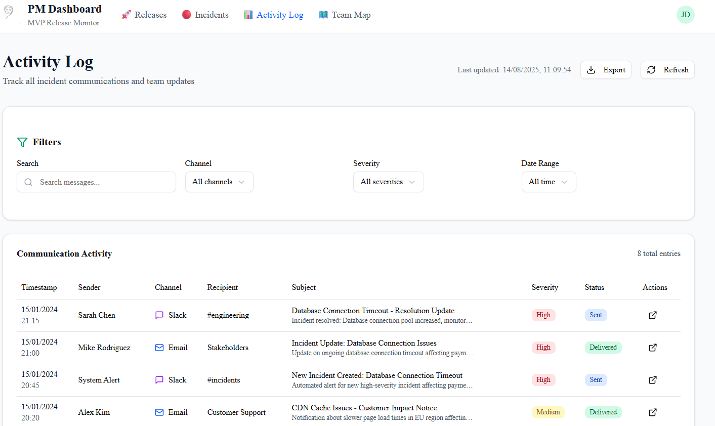 Activity Log with filtering
